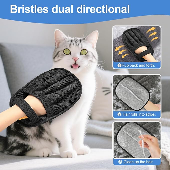 2Pcs Pet Hair Removal Gloves Cat & Dog, Electrostatic Reusable Remover Tool | Upgraded washable 5-finger pet hair remover works for laundry, couch, carpet & car seat, easily removes dog and cat fur.