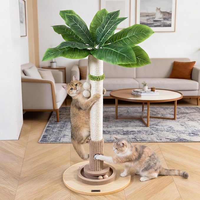WOOCHPET Cat Scratching Post for Indoor Cats 35" Tall, Sisal Cat Scratcher with Mouse Toy and Track Balls, Wooden Base (Beige)