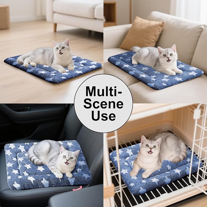 Dog Bed Mat - Comfortable Dog Kennel Pad, Multi-Purpose Crate Bed Mats for Dogs & Cats (NavyBlue&Stars, 18" L x 14" W x 1.5" Th)