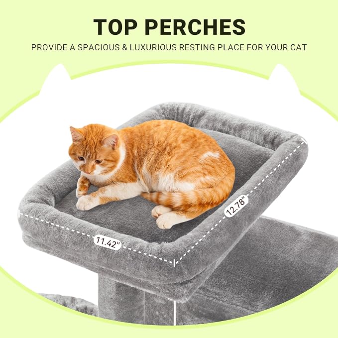 Allewie 64 Inches Multi-Level Cat Tree Tower for Indoor Cats, Grey | Activity Center for Big Felines, 2 Plush Condos, 2 Perches, Cozy Basket, House, Sisal Scratching Posts, Hanging Cat Toys