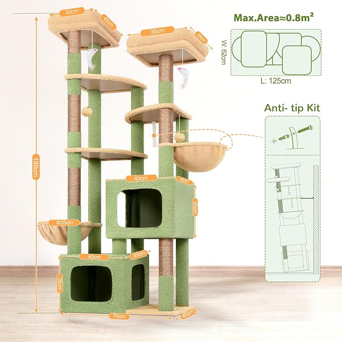 Globlazer S74E Pro Cactus Heavy Duty Maine Coon Cat Tree for Large Cats | 74in Sturdy Multi-Level Tall Cat Tree Tower for Indoor Adult Cats with Scratching Posts, 2 Cat Condos, 2 Top Perches
