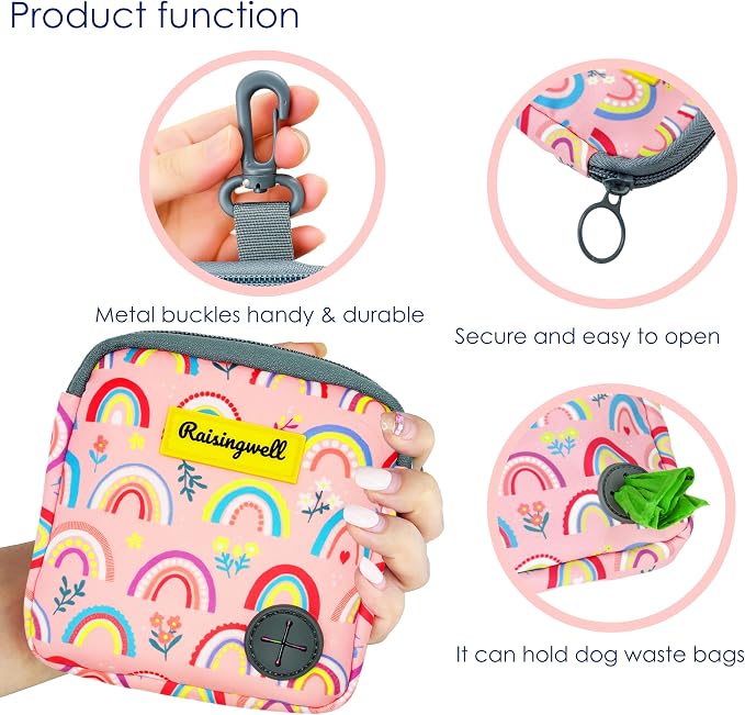 Raisingwell Dog Treat Pouch for Pet Walking and Training with Clicker Poop Bags Small Fanny Zipper Pack Holder for Puppy Snack Dispenser Kit for Leash and Outdoor Use (Rainbow)