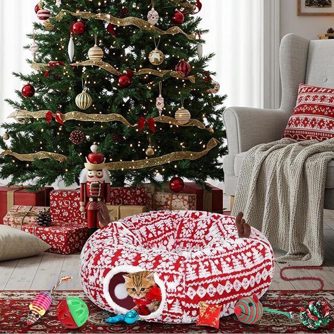 Dansydaisy Cat Tunnel Christmas Tree Skirt, Snowflake Deer Cat Tunnel Bed with Toys, Hanging Ball Plush Washable Cushion and Dangling Balls 3FT Peekaboo Playground for Small Medium Rabbit Xmas Decor