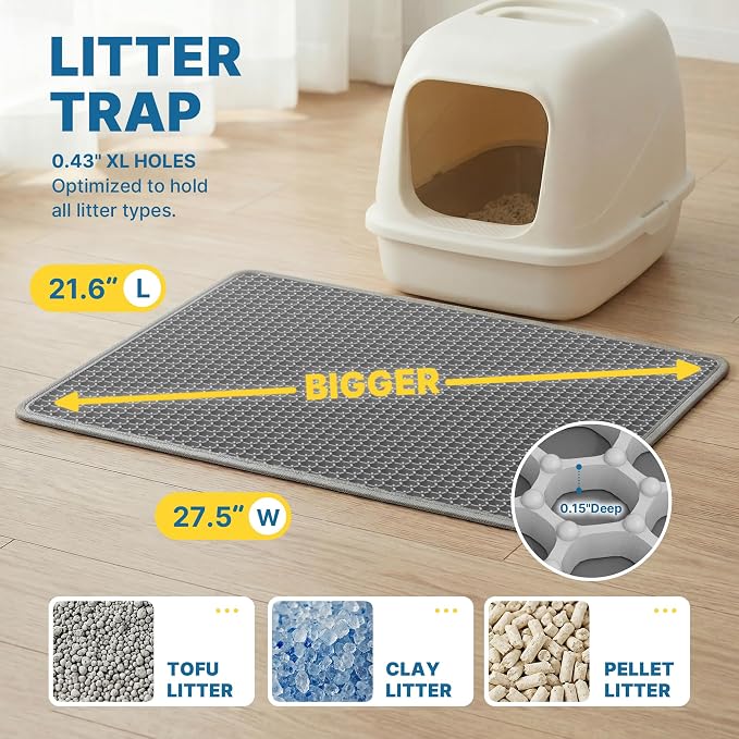 Cat Litter Mat - 27.5" x 21.6" Large Double Layer Litter Trapping Mat, Waterproof & Urine Proof EVA Material, Easy to Clean Litter Box Mat