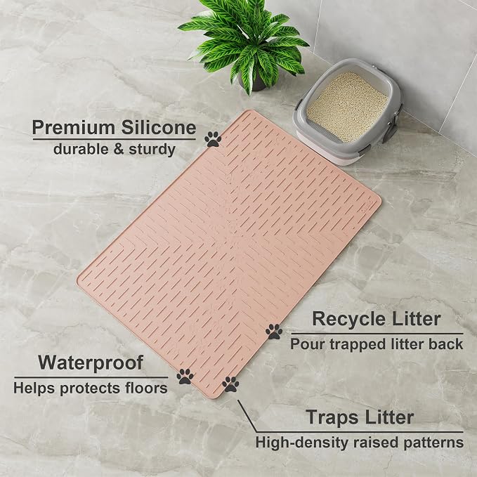 OHMO XL Cat Litter Mat, 37.5x25.2 Silicone Trapping Mat Coral | for Kitty Litter Box, Easy Clean, BPA Free Rubber, Center Litter Collection, Easy Pour-Back, Waterproof, Odor-Resistant