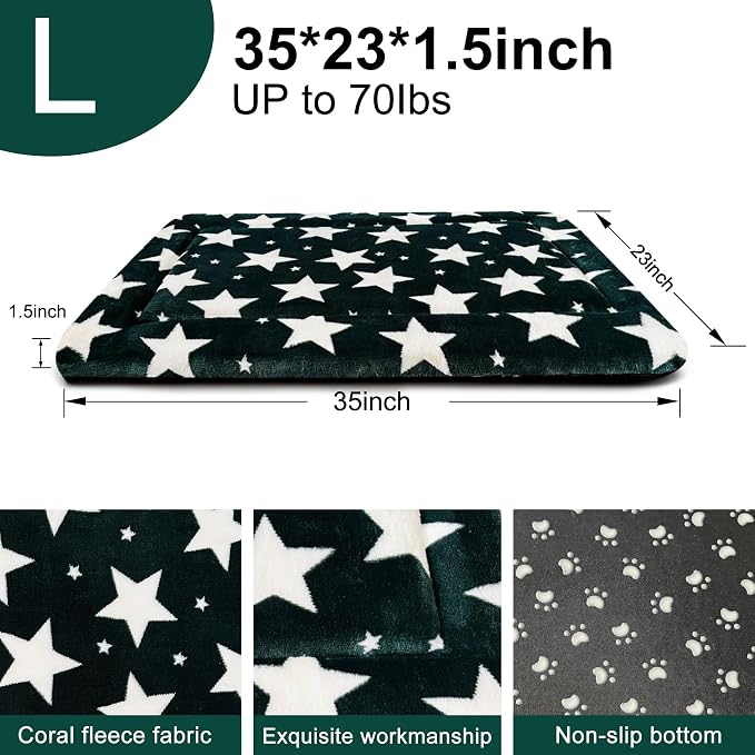 Dog Bed Mat – Soft & Comfortable Dog Kennel Pad for Crate – Durable Crate Bed & Mat for Dogs & Cats – Ideal for Crate, Kennel, and Home Use (Big&Little Stars Green, L(35"*23"*1.5"))