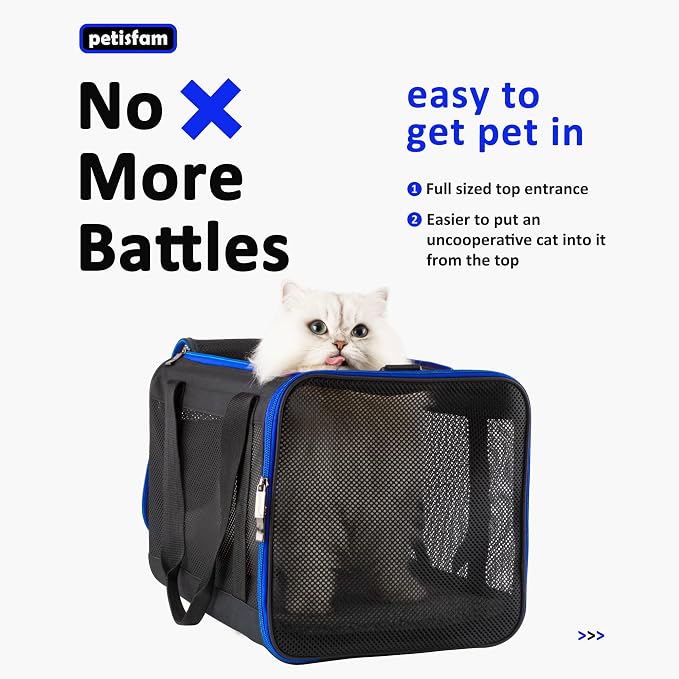 Easy Load Soft Pet Carrier Bag Cat for Medium, Large Cats, Puppy, Sturdy, Collapsible, Comfy, Black w/Blue Trim, L