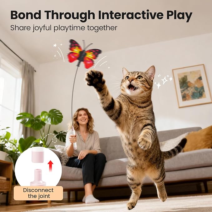 Potaroma Interactive Spinning Butterfly Cat Toy Wand – Rechargebale Electric Touch Activated Cat Teaser with Suction Cup Self-Play & Handheld Mode for Indoor Kittens, Durable Automatic Play Toy
