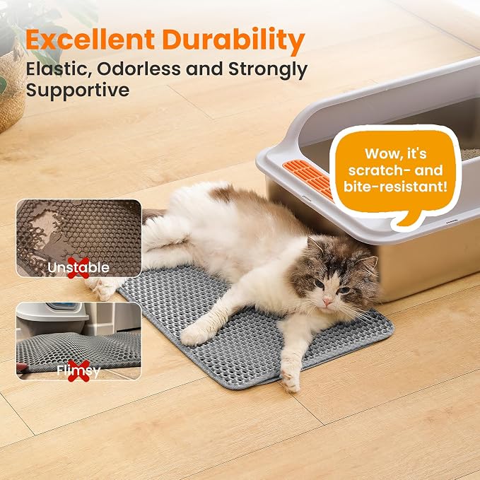 Small Cat Litter Mat, Double Layer Honeycomb Litter Box Mat | 20x14”, Reduces Litter Tracking, Waterproof, Non-Slip, Soft on Paws, Scratch Resistant, Easy to Clean, Gray