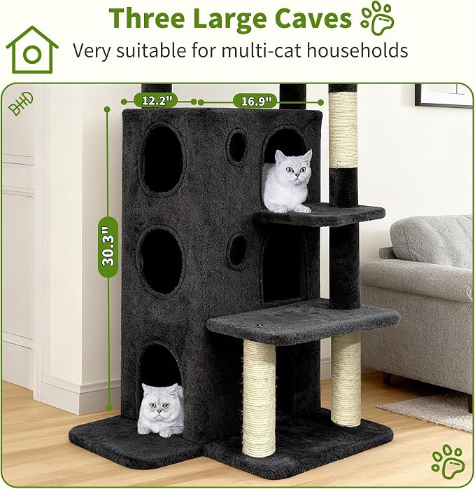 48" Cat Tree Tower for Indoor Cats, Multi-Level Cat House for Large Cats with 3 Cozy Cat Condos, Extra Large Top Perch, Sisal Scratching Posts & Climbing Steps, Dark Gray