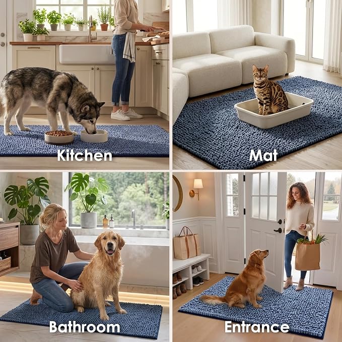 EHEYCIGA Super Absorbent Dog Door Mat for Muddy Paws 48x30 Inch Indoor, Front Doormat Outside Entrance, Quick Dry Chenille Washable Dog Crate Bed, Non-Slip Pet Rug Mud Mat Outdoor Entryway, Navy Blue