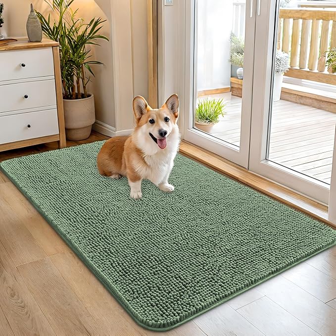 OLANLY Dog Door Mat for Muddy Paws 45x27, Super Absorbent Chenille Mud Mat | Olive Green, Absorbs Moisture and Dirt, Non-Slip Machine Washable Doormat, Quick-Drying Indoor Entryway Floor Carpet for Dogs