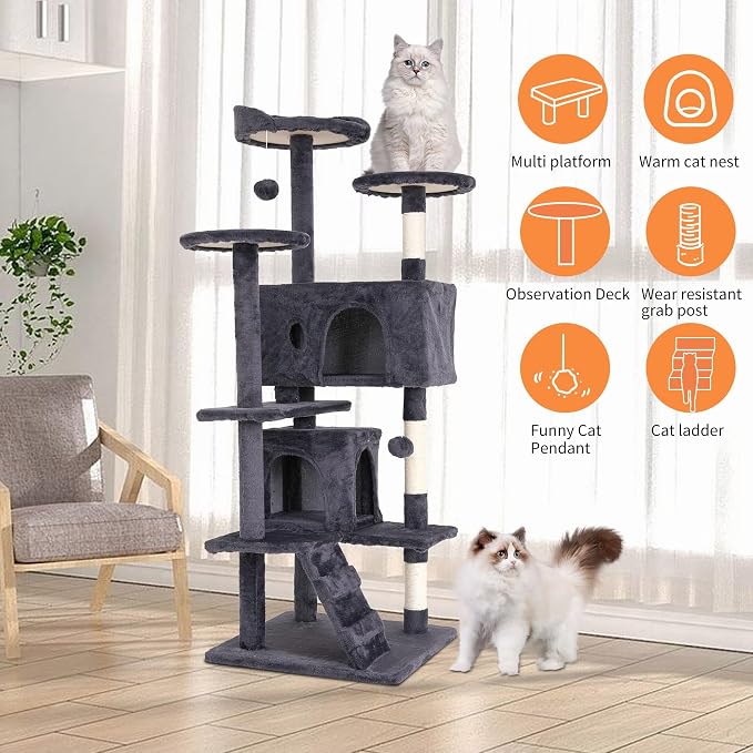Cat Tree for Indoor Cats, Multi-Level Cat Tower with Scratching Posts & Cozy Condo, Space Saving Cat Activity Center, Durable Pet Play House (54in,Ashy)