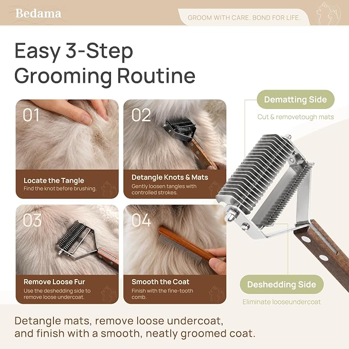 2 in 1 Cat Brush for Dematting & Deshedding, Undercoat Rake | Stainless steel undercoat rake for cats and small dogs helps remove loose hair, mats and tangles; grooming comb included
