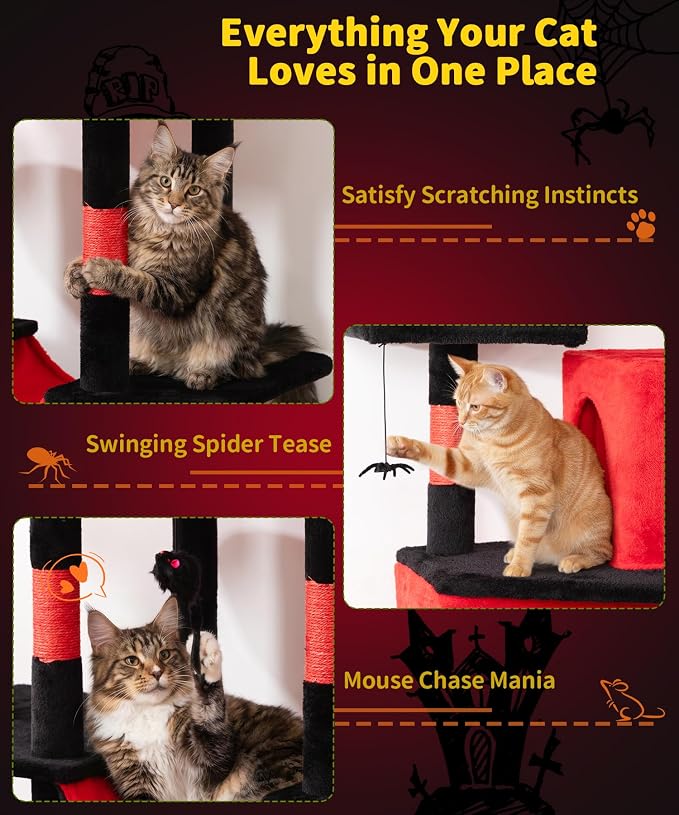 Gothic Cat Tree, 71 Inch Heavy Duty Cat Trees for Large Cats | Tall Cat Tree Tower with Extended Base, 2 Condos, 3 Perches, 9 Sisal Posts & Hammock for Indoor Adult Cats, Black Red