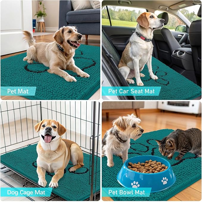 OLANLY Dog Door Mat for Muddy Paws 30x20, Paw Print Design Chenille Mud Mat | Lake Blue, Absorbent, Traps Moisture and Dirt, Non-Slip Washable Doormat, Quick-Drying Indoor Entryway Floor Carpet for Dogs