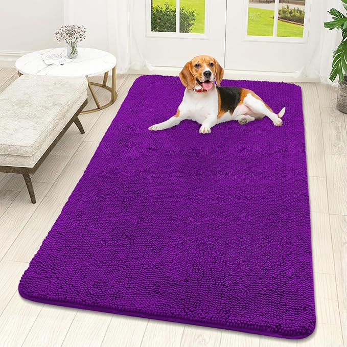 OLANLY Dog Door Mat for Muddy Paws 59x32, Super Absorbent Chenille Mud Mat | Purple, Absorbs Moisture and Dirt, Non-Slip Machine Washable Doormat, Quick-Drying Indoor Entryway Floor Carpet for Dogs