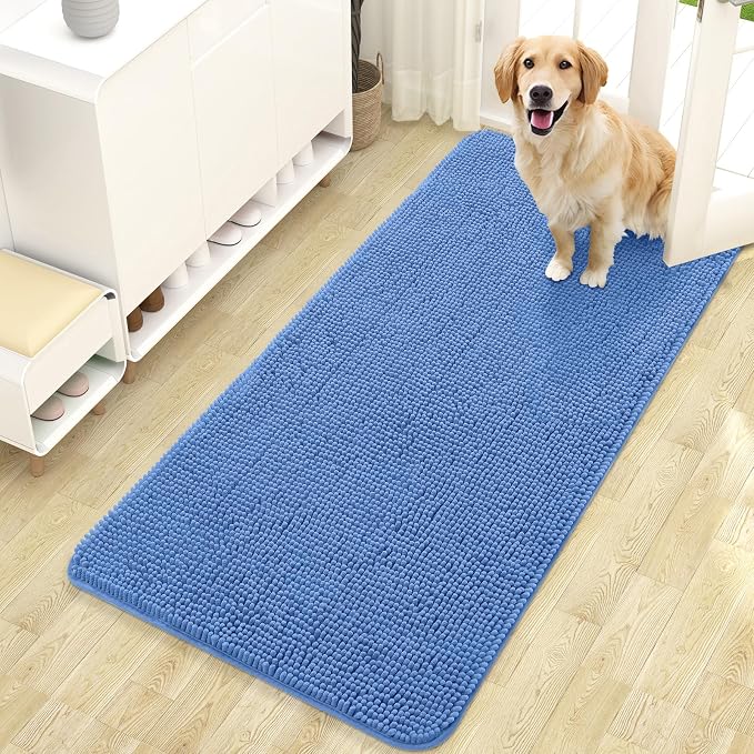 OLANLY Dog Door Mat for Muddy Paws 47x24, Super Absorbent Chenille Mud Mat | Cornflower Blue, Absorbs Moisture and Dirt, Non-Slip Machine Washable Doormat, Quick-Drying Indoor Entryway Carpet for Dogs