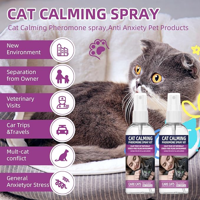 Cat Calming Pheromone Spray Kit Feline Calm Pheromones Vet Recommended Drug-Free Anxiety Relief for Multi-Cat Homes,Stops Scratching & Urine Marking,60-Day (120ML)