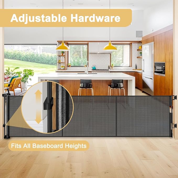 Reinforced 28" Tall Dog Gate 80" Wide Retractable Baby Gate, Easy Step Over Pet Gate Indoor Outdoor Retractable Gate with Support Rods, Short Baby Gate Stair Gate, Puppy Gates for The House, Black