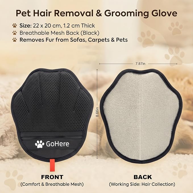 GoHere Pet Hair Removal Glove, Magic Brush Electrostatic Mitt for Cats & Dogs, Reusable Grooming Gloves, Pet Hair Remover Tool for Couch, Carpet, Clothes, Car Seat, Laundry