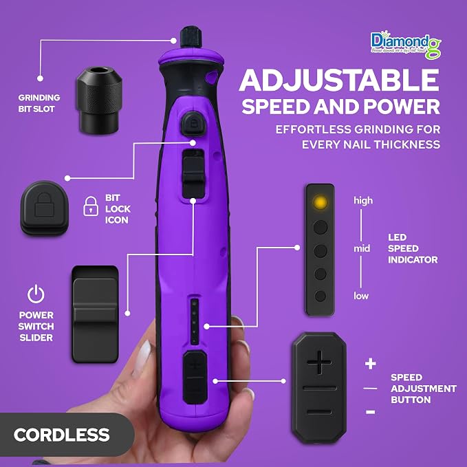 Diamondg Cordless Dog Nail Grinder - Quiet Sound with LED Light, Purple | 5-Speed Rechargeable Pet Nail Trimmer for Small & Large Dogs, USB-C Charging, 4hrs. Runtime, Painless, 2 Bits Included
