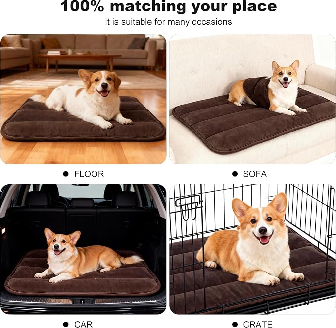 pobopobo Dog Crate Pad, Ultra Soft & Anti-Slip Kennel Mat, Secure Fit for Metal Crates & Dog Cages, Washable Cozy Bed for Small Medium Large Dogs (Dark Brown, M(28"*16"*1.5"))