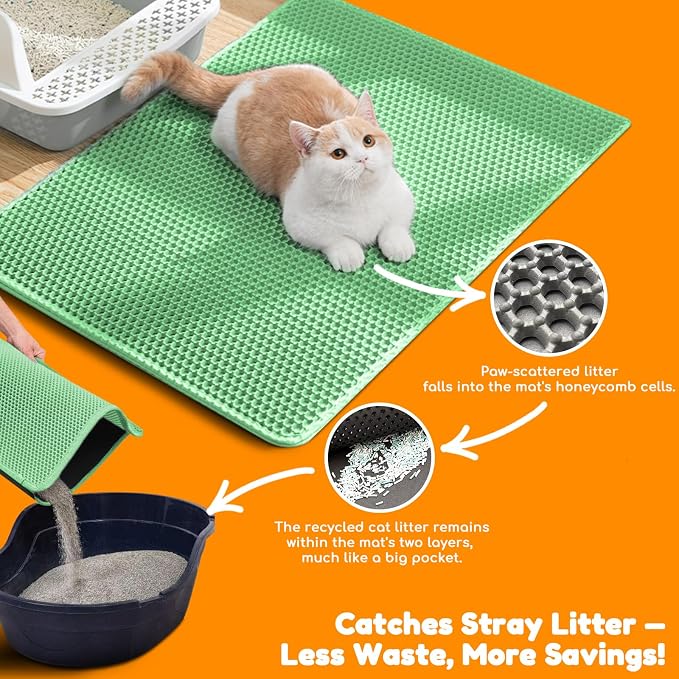 Cat Litter Mat 47"x27",Double Layer EVA Litterbox Mat Green | Extra Large Honeycomb, Waterproof & non-slip, Odor-free, easy clean, washable durable floor protector,scatter control