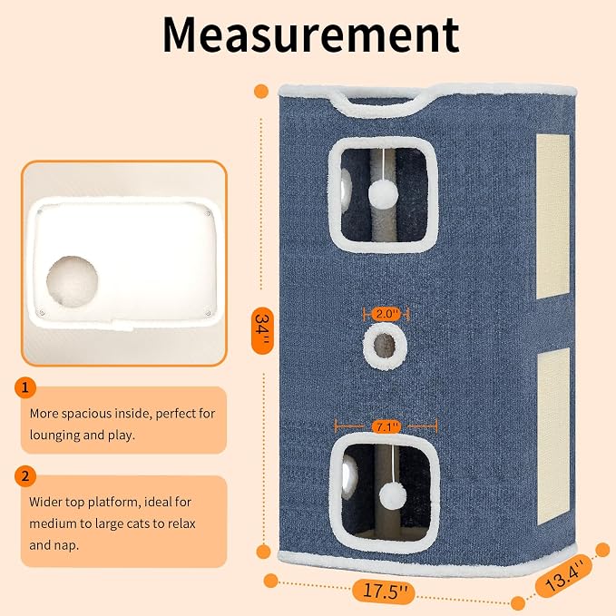 Cat House, Cat Beds for Indoor Cats, 3-Story Cat Condo Cube | Cat Bed Cave with Scratch Pad and Fluffy Ball Hanging, Multi-Level Cozy Hideout Center Ideal for Small/Medium Cats