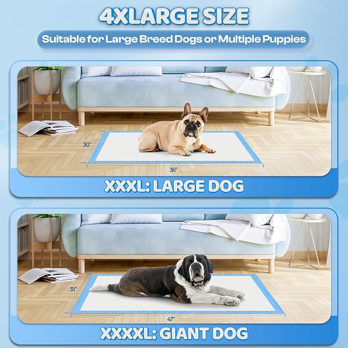 Boscute 4XL Thicken 6 Layers Ultra Absorbent Dog Pee Pads, 31”X47”Leak-Proof Odor-Control Quick Dry Puppy Training Pads Quick Dry Pee Pads for Dogs Cats Pets 150Counts