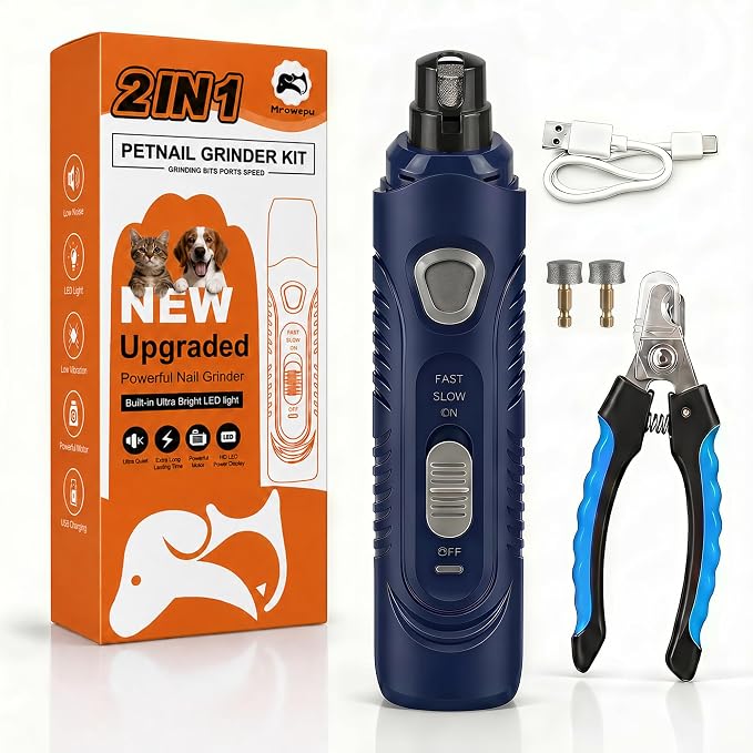 Pet Nail Grinder for Dogs and Cats, 2-Speed Electric Dog Nail Trimmer, Extral Steel Pet Nail Clipper, Rechargeable 2000mAh Nail Grinder for Small Medium Large Dogs with 2 LED Lights, Blue