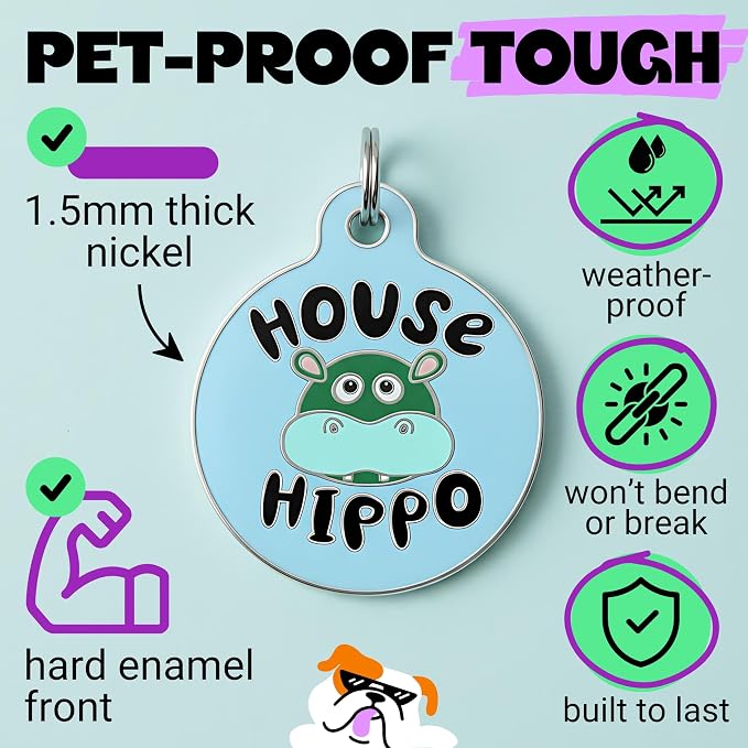 Bad Tags Personalized Dog and Cat ID Tags in 25+ Designs and 2 Sizes - 5 Lines of Custom Engraved Text - Funny Cute Personalized Pet Tags (House Hippo - Blue, Large (1.25 inch))