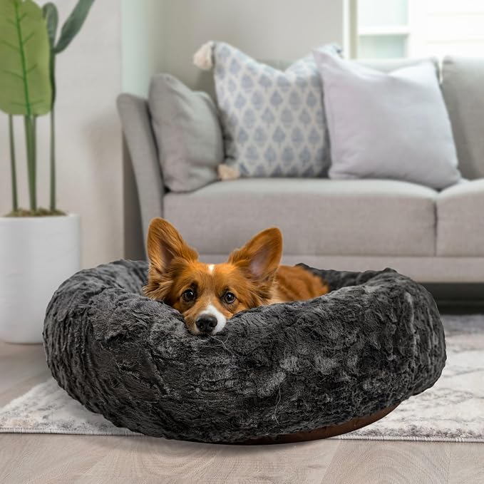 Best Friends by Sheri The Original Calming Donut Dog Bed for Medium Dogs up to 45 lbs, Lux Faux Fur, Mink Dark Gray, 30" x 30"