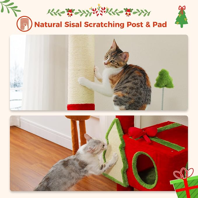 PEQULTI 90.9''-107.8'' Floor to Ceiling Cat Tree for Large Indoor Cats, Tall Christmas Cat Tower with 2 Spacious Condos, Bow Toy and Sisal-Covered Scratching Post & Pad Red/Green