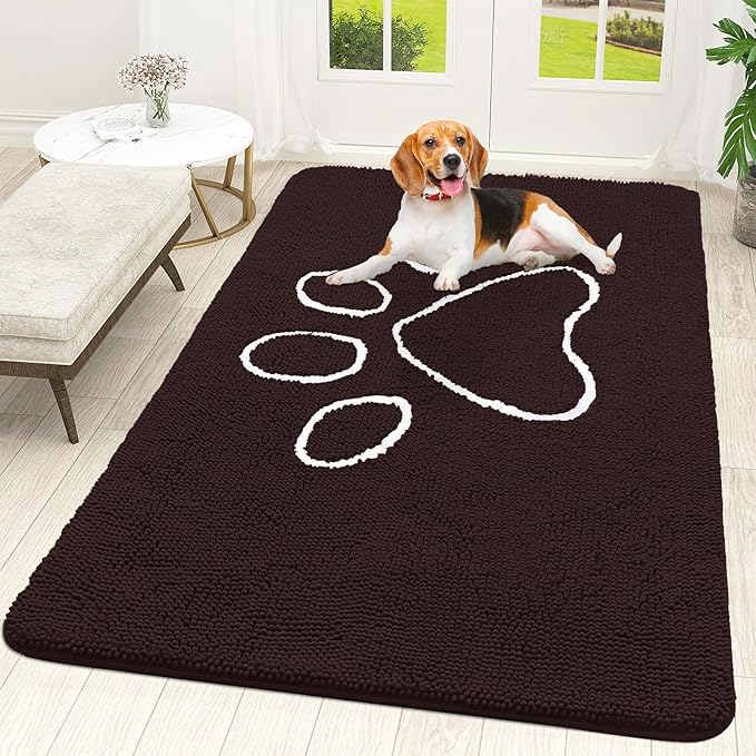 OLANLY Dog Door Mat for Muddy Paws 59x35, Paw Print Design Chenille Mud Mat | Brown, Absorbent, Traps Moisture and Dirt, Non-Slip Washable Doormat, Quick-Drying Indoor Entryway Floor Carpet for Dogs