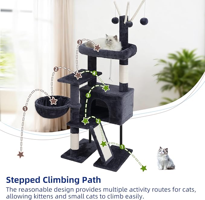 Cat Tree Tower for Indoor Cats, Top Platform with Toy, GCT006SG | 49.2 inch Cat Condo House, Sturdy Base, Scratching Post & Board, 3 Balls, Hanging Basket, Small Cats and Kittens, Drak Gray