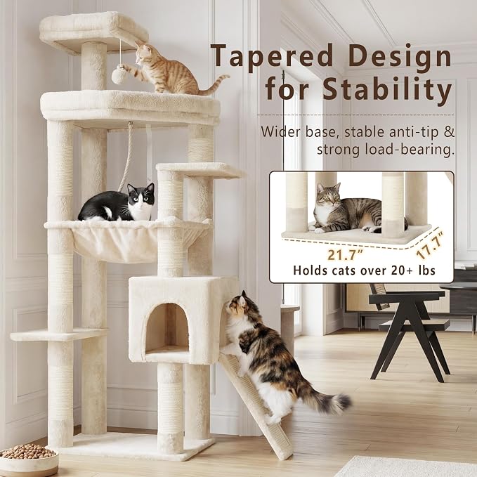 Heybly 64.2" Heavy-Duty Cat Tree for Large Cats with Wide Base HCT027M | Indoor Cat Tower with Scratching Posts & Board, Cat Furniture with Big Platforms, Extra-Large Hammock, Beige