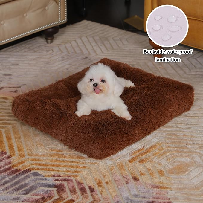 Bedfolks Waterproof Dog Crate Bed, Plush Dog Pad, 21"x13", Solid Brown | Faux Fur Plush Cover, Removable Washable Outer, Waterproof Inner Lining, Non-Slip Base, Crate Pad and Dog Pillow