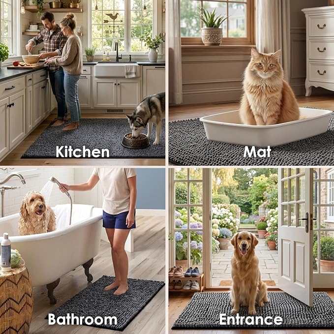 EHEYCIGA Super Absorbent Dog Door Mat for Muddy Paws 36x24 Inch Indoor, Front Doormat Outside Entrance, Quick Dry Chenille Washable Dog Crate Bed, Non-Slip Pet Rug Mud Mat Outdoor Entryway, Dark Grey