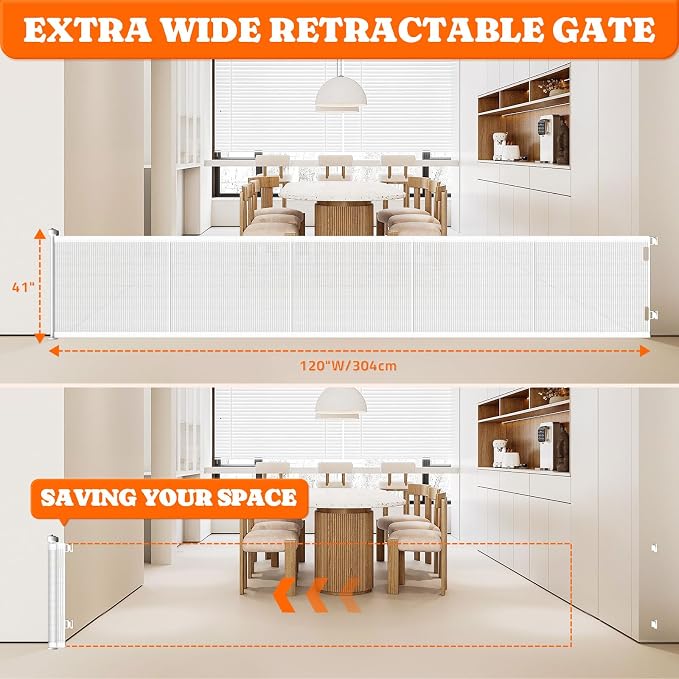 Pawtners Retractable Baby Gates Extra Wide, 41" Tall Extends up to 120" Wide, Dog Gate Indoor for Stairs, Pet Gate with Support Rods for Doorways Hallways Indoor & Outdoor-White
