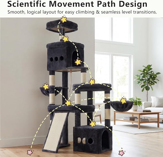 Heybly Cat Tree 72.4-Inch Anti-Tip Cat Tower with Spacious Perches HCT060G | All-in-One Cat Furniture for Large Cats, Multiple Interactive Areas, Extra-Large Sisal Scratching Board, Smoky Gray