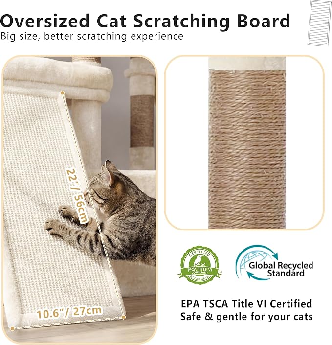 Heybly Cat Tree 72.4-Inch Anti-Tip Cat Tower with Spacious Perches HCT060MJ | All-in-One Cat Furniture for Large Cats, Multiple Interactive Areas, Extra-Large Sisal Scratching Board, Beige