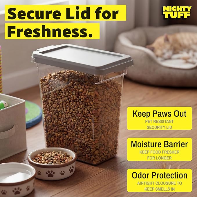 Mighty Tuff 8 lb Pet Food Storage Container with Airtight Lid, Clear | Secure lid clasp helps keep dog and cat food fresh while the clear container simplifies pantry organization.