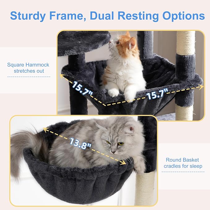 Heybly Cat Tree, 76-Inch Tall Heavy Duty Cat Tower for Big Cats HCT039G | Multi-Level Large Cat Furniture with Extra Wide Baseboard, 2 Condos & 2 Hammocks, 10 Scratching Posts, Smoky Gray