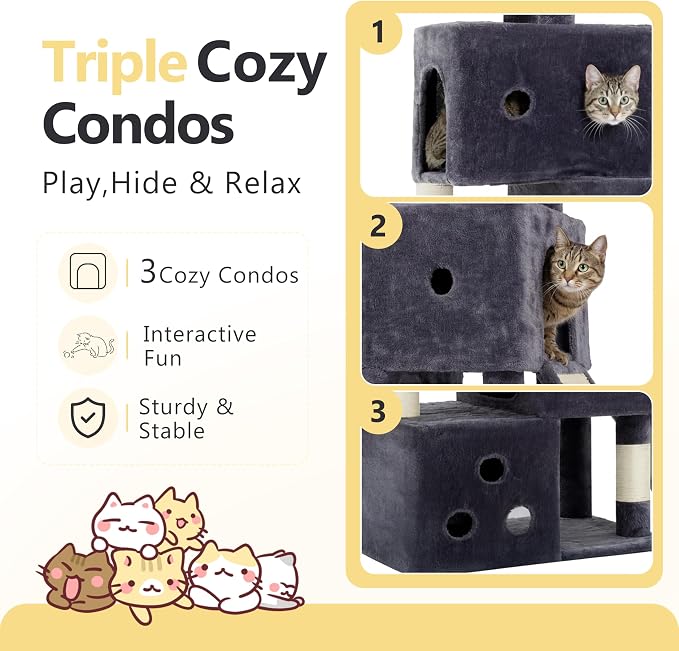 Heybly Cat Tree, 74-Inch Streamlined Cat Tower for Large Cats HCT061G | Cat Furniture with 3-Tier Stacked Condos, Large Perch, Sturdy Base, Full Sisal Scratching Posts & Ramp, Smoky Gray