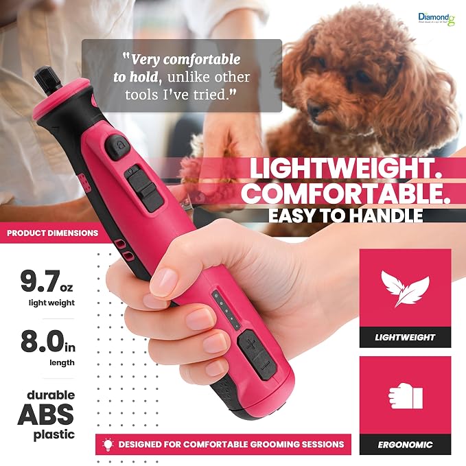 Diamondg Cordless Dog Nail Grinder - Quiet Sound with LED Light, Pink | 5-Speed Rechargeable Pet Nail Trimmer for Small & Large Dogs, USB-C Charging, 4hrs. Runtime, Painless Dog Nail Grinding Kit