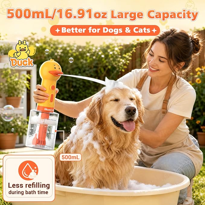 Homrich Electric Dog Soap Dispenser, 500ml Automatic Dog Foam Machine with Auto Mixing, Dog Shampoo Sprayer with Brush for Dog and Cat Bathing, Rechargeable Shampoo Foamer for Bathroom, Kitchen Sink
