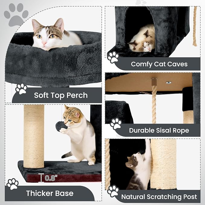 58.5inch Large Cat Tree Tower Condo for Indoor Cats, Soft Plush Multi-Level Climbing Tree Cat House with Cat Cave, Scratching Post, More Entrance/Exit, Sisal Rope, Grey Black