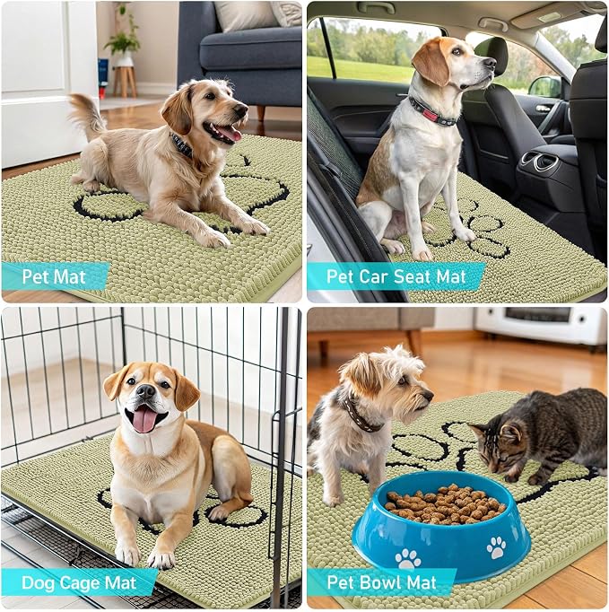 OLANLY Dog Door Mat for Muddy Paws 36x24, Paw Print Design Chenille Mud Mat | Vanilla, Absorbent, Traps Moisture and Dirt, Non-Slip Washable Doormat, Quick-Drying Indoor Entryway Floor Carpet for Dogs