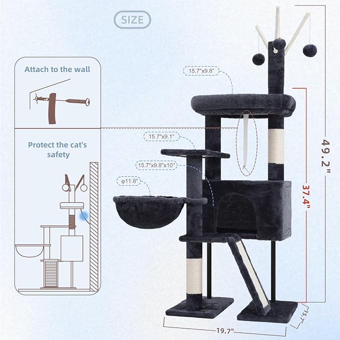 Cat Tree Tower for Indoor Cats, Top Platform with Toy, GCT006SG | 49.2 inch Cat Condo House, Sturdy Base, Scratching Post & Board, 3 Balls, Hanging Basket, Small Cats and Kittens, Drak Gray